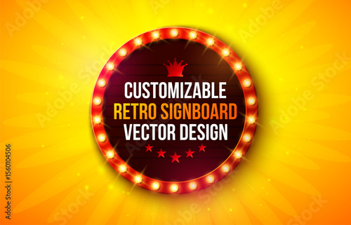 Retro Signboard Lightbox Banner Design with Glowing Light Bulb Frame Billboard on Shiny Yellow Background. Vector Customizable Marquee Sign Illustration for Casino Advertising, Theater Show, Broadway