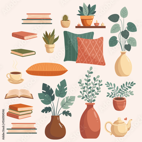 Illustration of various objects including plants books vases pillows a cup a teapot and candles