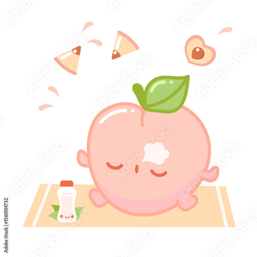 Cute peach kawaii illustration, tropical juicy fruit yoga