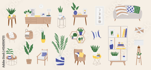 Room with various plants furniture  decorations in a cozy illustrated style