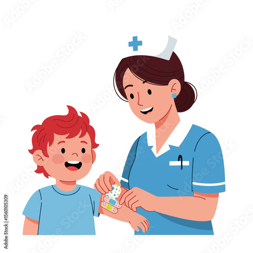 A smiling nurse gently applies a bandage to a happy young boy's arm.