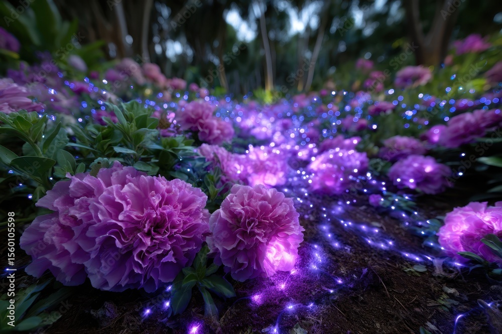 Obraz premium Enchanted garden with glowing flowers and twinkling lights at twilight