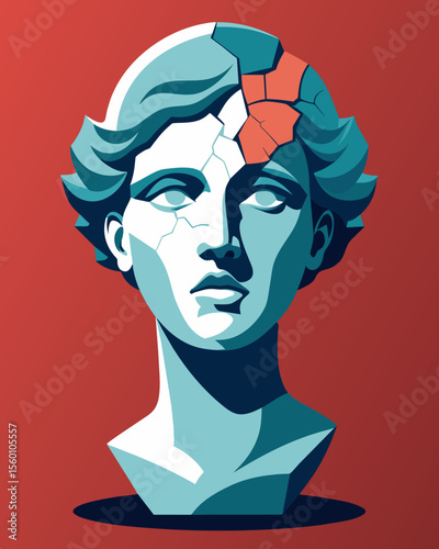 A sculpture of a persons head with a cracked and distorted mirror for a face symbolizing their fractured selfperception.. Vector illustration