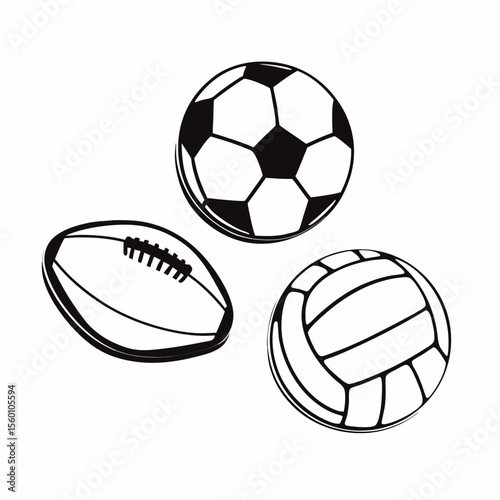 Black and White Sports Ball Illustration – Soccer, Rugby, Volleyball Icons