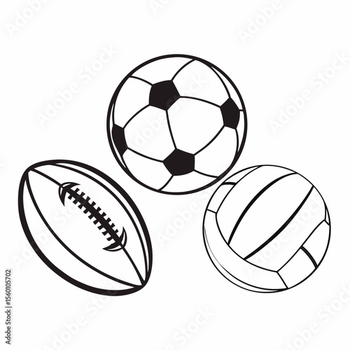 Black and White Sports Ball Illustration – Soccer, Rugby, Volleyball Icons