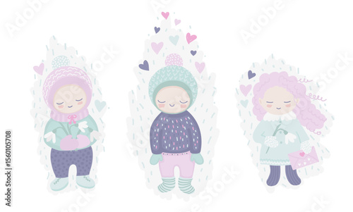 A set of characters in love, girl, boy with flowers and hearts in a soft color palette. Springtime illustrations for Valentine's Day.