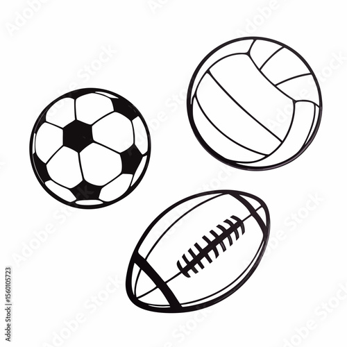 Black and White Sports Ball Illustration – Soccer, Rugby, Volleyball Icons