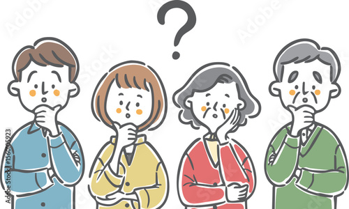 疑問を持つ家族二世帯　上半身　ベクター
