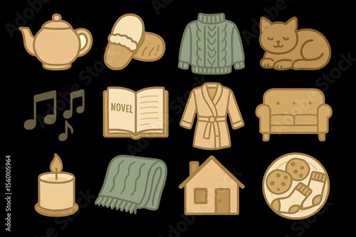 Cozy home icons featuring teapot, sweater, cat, and more for a relaxing atmosphere