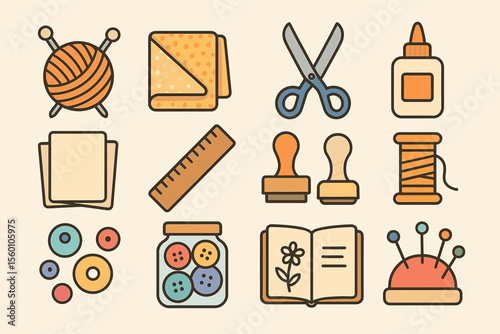 Crafting tools and materials icons: yarn, scissors, glue, buttons, book