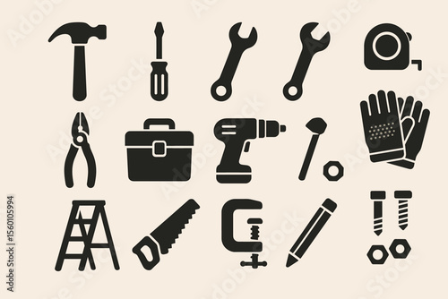 Collection of various tools and equipment icons including hammer and screwdriver