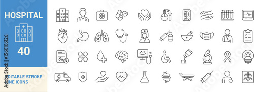 Hospital Line Editable Icons Set. Medical, Healthcare, Doctor, Medicine, Diagnostics, Syringe, Emergency, Mask, Ambulance, Protection, and More. Vector Illustration.