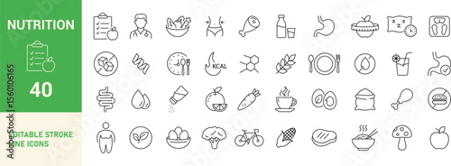 Nutrition Line Editable Icons Set. Diet, Vitamins, Wellness, Healthy Food, Calories, Digestion, Weight Loss, Hydration, and More. Vector Illustration.