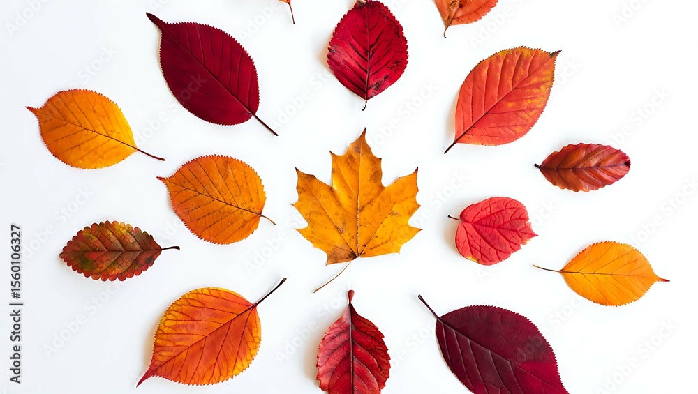 Obraz premium Collection of vibrant autumn leaves in shades of red orange and yellow arranged in a circular pattern on a white background