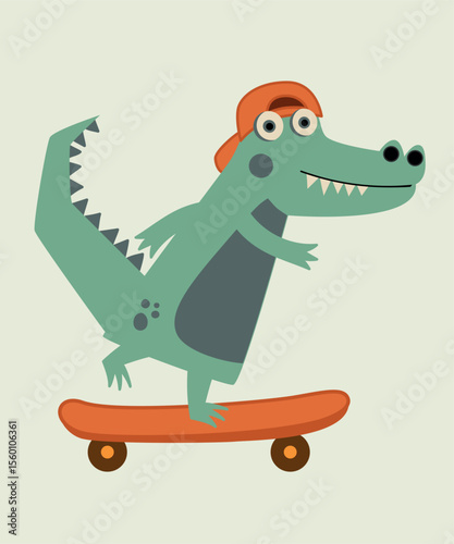 Flat Design Illustration with Crocodile on a Skateboard