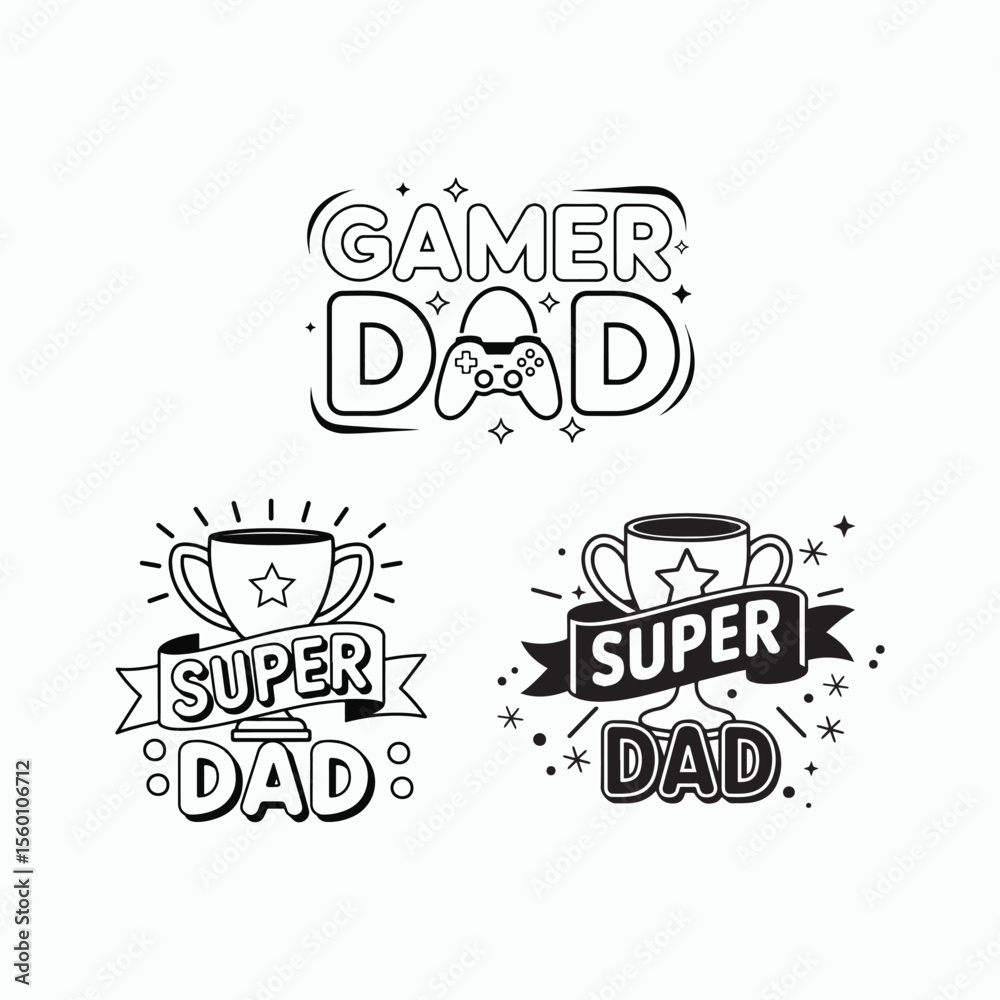 Gamer and Super Dad Trophy Quote Set Vector Illustration. Happy Father's Day Gamer and Super Dad Trophy Quote Set Vector Illustration. Happy Father's Day