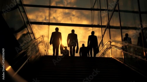 Businesspeople walking up stairs at sunset