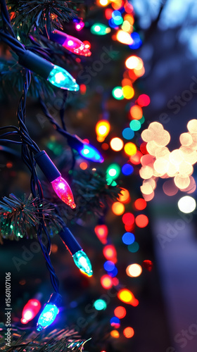 Colorful Christmas lights glow vibrantly on a festive tree.
