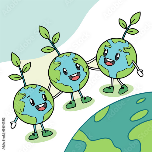 Set of happy earth kawaii, illustration