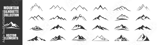 Mountain silhouette collection, vector mountain icon set, black peaks logo template, minimalist landscape symbols, hiking and travel design elements, isolated graphic art on transparent background.
