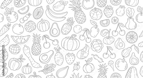 Playful Produce: Seamless Black and White Fruit and Vegetable Pattern
