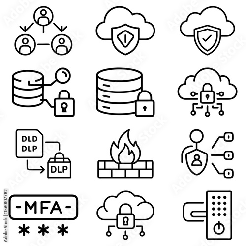 A collection of security icons featuring cloud storage, locks, firewalls, and authentication methods shown