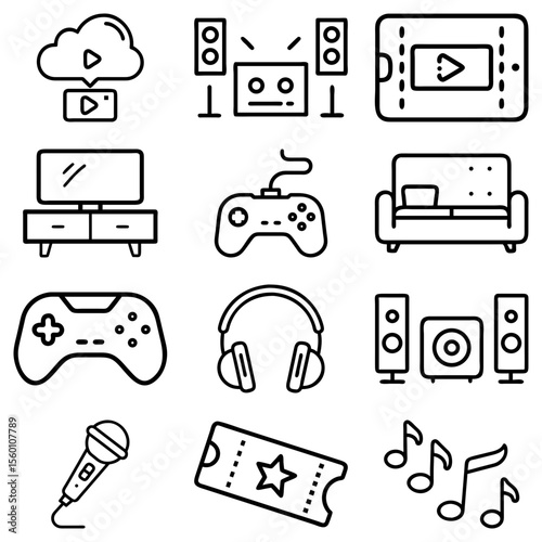 Line art depicting entertainment icons including gaming, music, movies and home theater setup