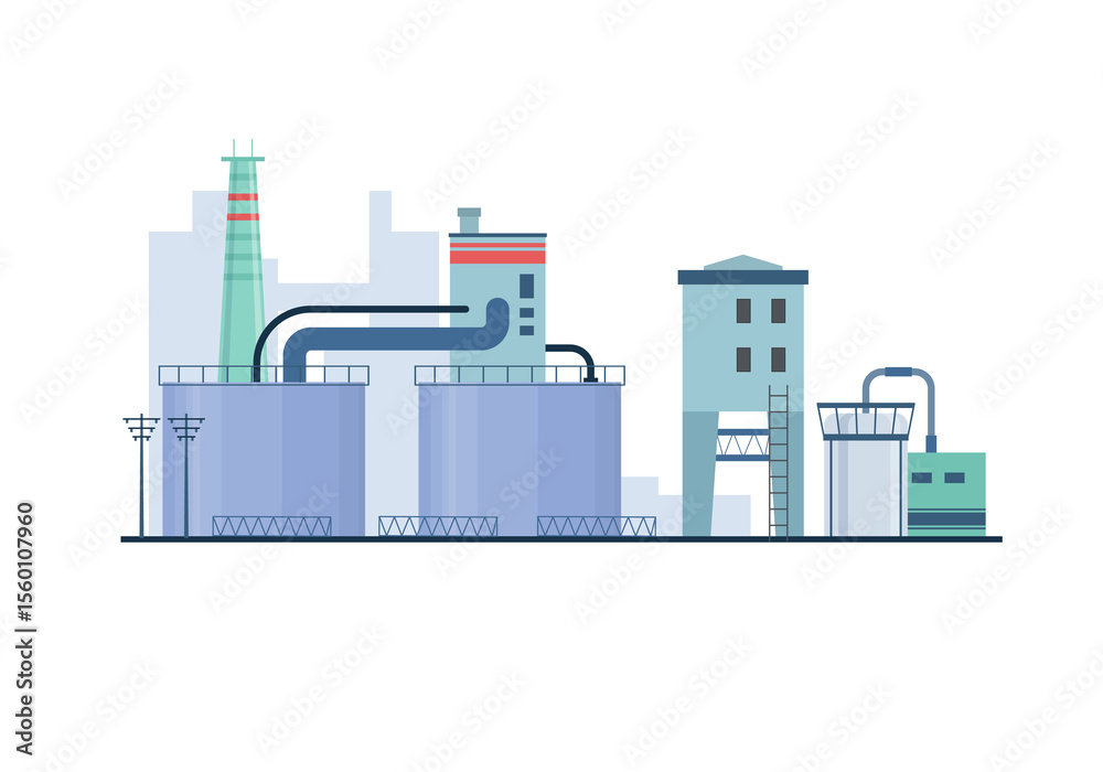 Obraz premium PNG refinery background with oil smoke station element modern power silhouette building gas structure architecture urban pipe engineering icon white industrial electricity equipment environment
