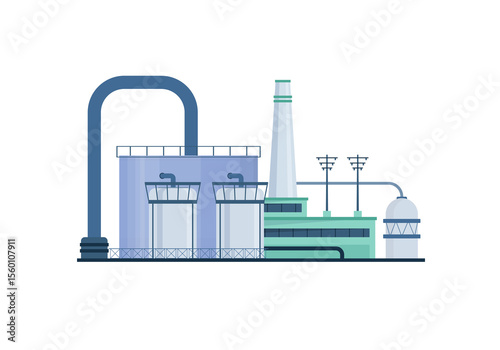 PNG energy symbol and white plant with electricity building pollution icon concept nuclear refinery structure modern pipe tower isolated engineering art chemical technology production business

