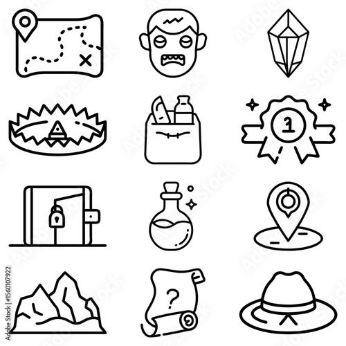 Collection of fantasy game icons featuring map, zombie, crystal, trap, bag, award, wallet and potion icons