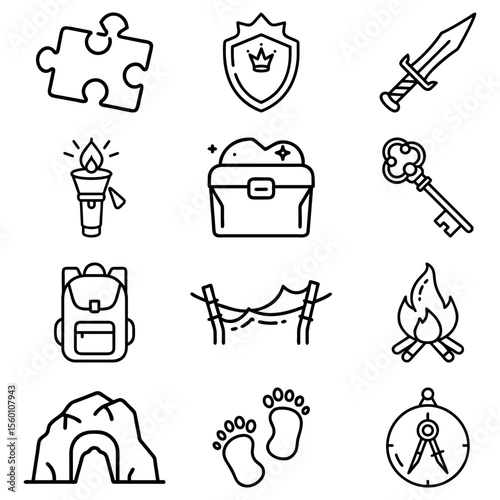 Collection of adventure themed icons including puzzle piece, sword, campfire and treasure chest icons 100