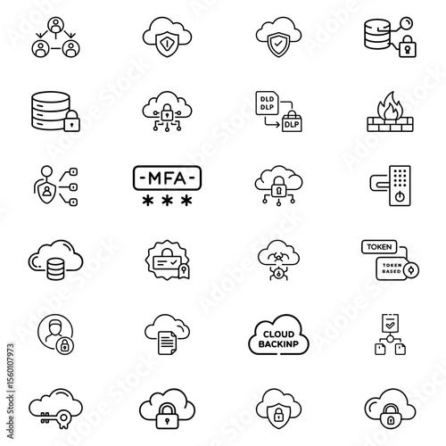 Collection of security icons depicting cloud security, data protection, and network authentication methods