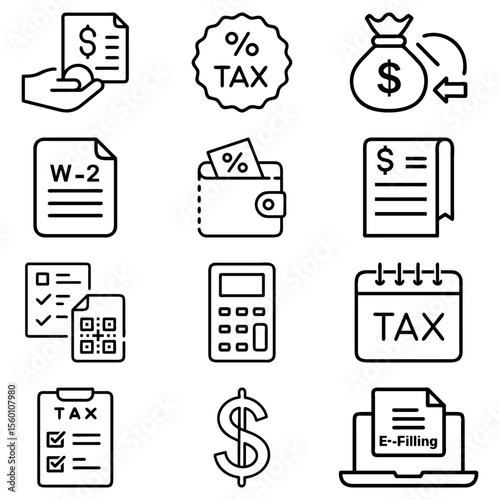 Illustration of tax related icons including documents, money, calculator, and electronic filing on laptop