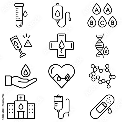 Collection of medical icons featuring blood drops, iv bags, dna, hospital, heart, and medical supplies