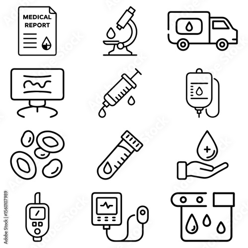 Illustration of medical equipment including microscope, syringe, blood bag, and medical report paper sheet