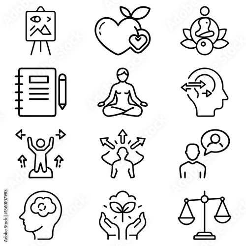 Collection of wellness and self improvement icons representing mindfulness and personal growth topics shown