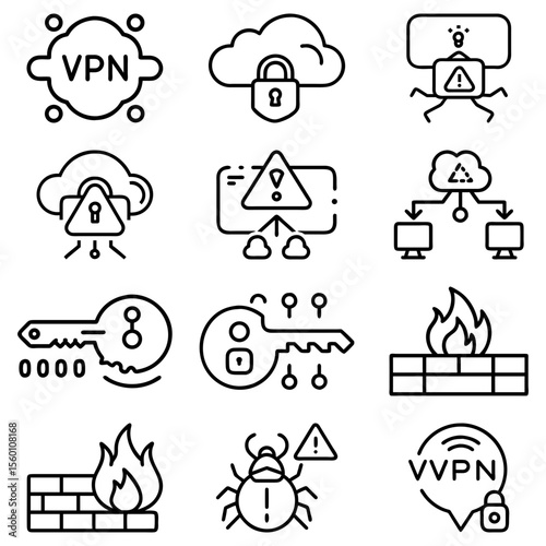 Collection of cybersecurity icons depicting vpn, cloud security, and firewall protection measures