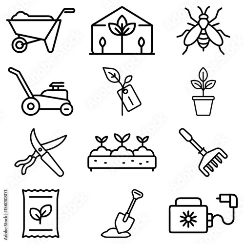 Illustration of gardening tools and accessories including a wheelbarrow and lawnmower and plants