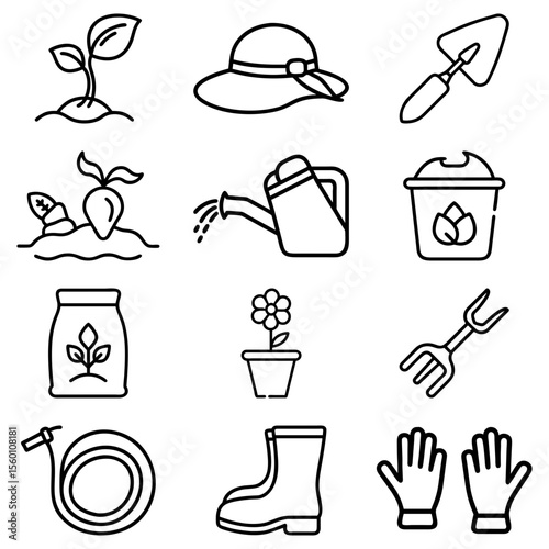 Illustration of gardening tools and plants including a watering can and a flower pot icon set
