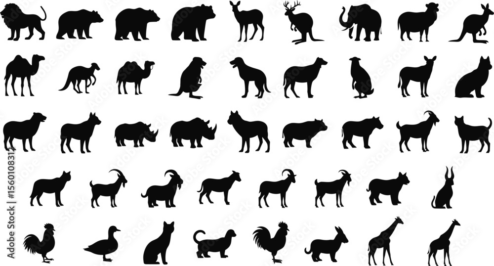 Fototapeta premium Diverse Animal Silhouettes: Black & White Wildlife Collection