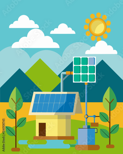 A solar panel array powering an advanced water pumping system supporting a communitys sustainable agriculture practices.. Vector illustration