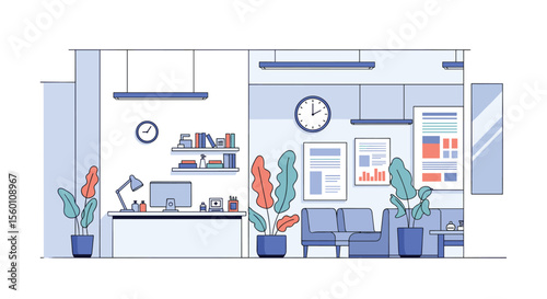 Depiction of the Office Reception Area with Furniture Plants and Wall Art Decor