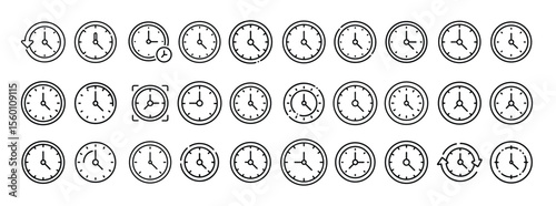 Clock Icon Set — Solid Collection of Wall Clock, Time, Watch, Alarm, Hour, Minute, Timer, and Chronograph Icons
