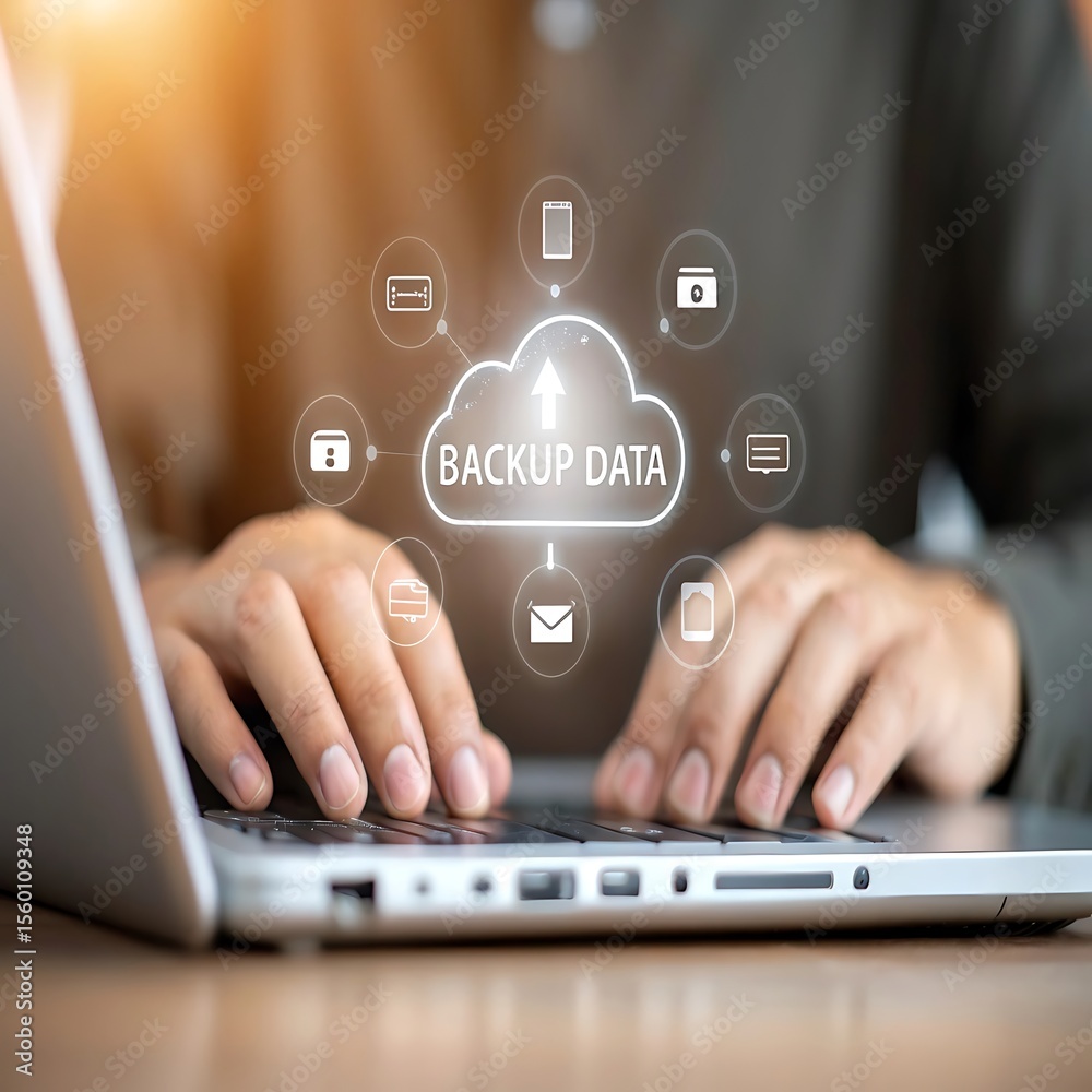 Naklejka premium Person typing on laptop with cloud backup data graphic hands