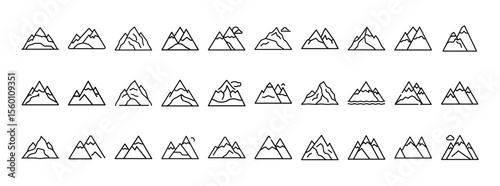 Mountain Icon Set — Solid Collection of Peaks, Hills, Nature, Landscape, Adventure, Hiking, Travel, and Snowy Mountains Icons
