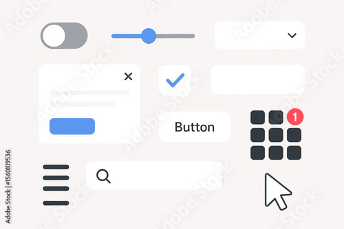 Ui elements collection: buttons, sliders, and icons on light background