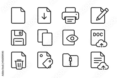 Essential document icons: files, printing, editing, saving, and uploading