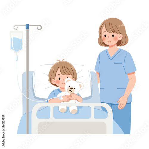 A young patient receives care in a hospital bed, comforted by a nurse.