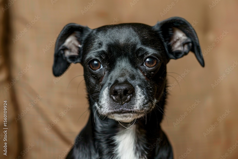 Adorable small black and white dog sitting and posing for a portrait against a brown backdrop Adorable small black and white dog sitting and posing for a portrait against a brown backdrop