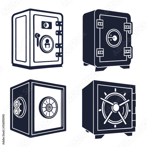 Four Dark Blue Safes Security Boxes Vector Icons
